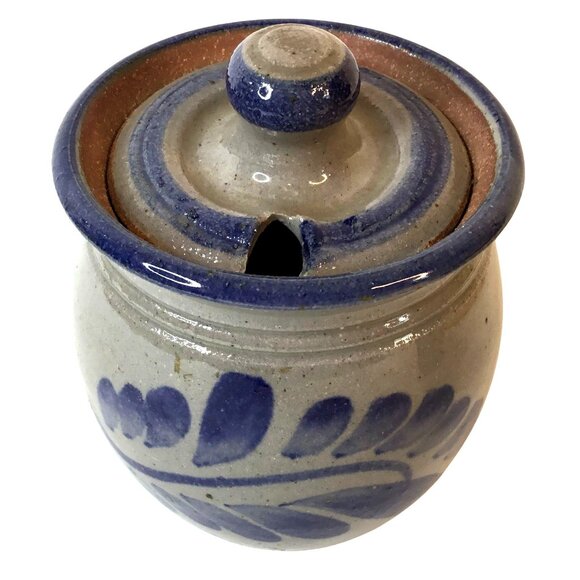 Artisan Salt Glaze Honey Jar Signed Studio Pottery Blue Cobalt Cottagecore Decor - Picture 1 of 11